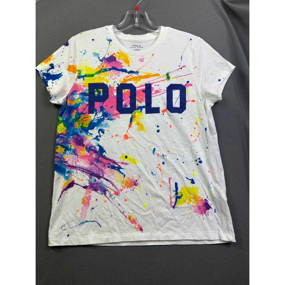 Polo Ralph Lauren Kid Paint Splatter T-Shirt White Multi Color Logo Size M 10-12